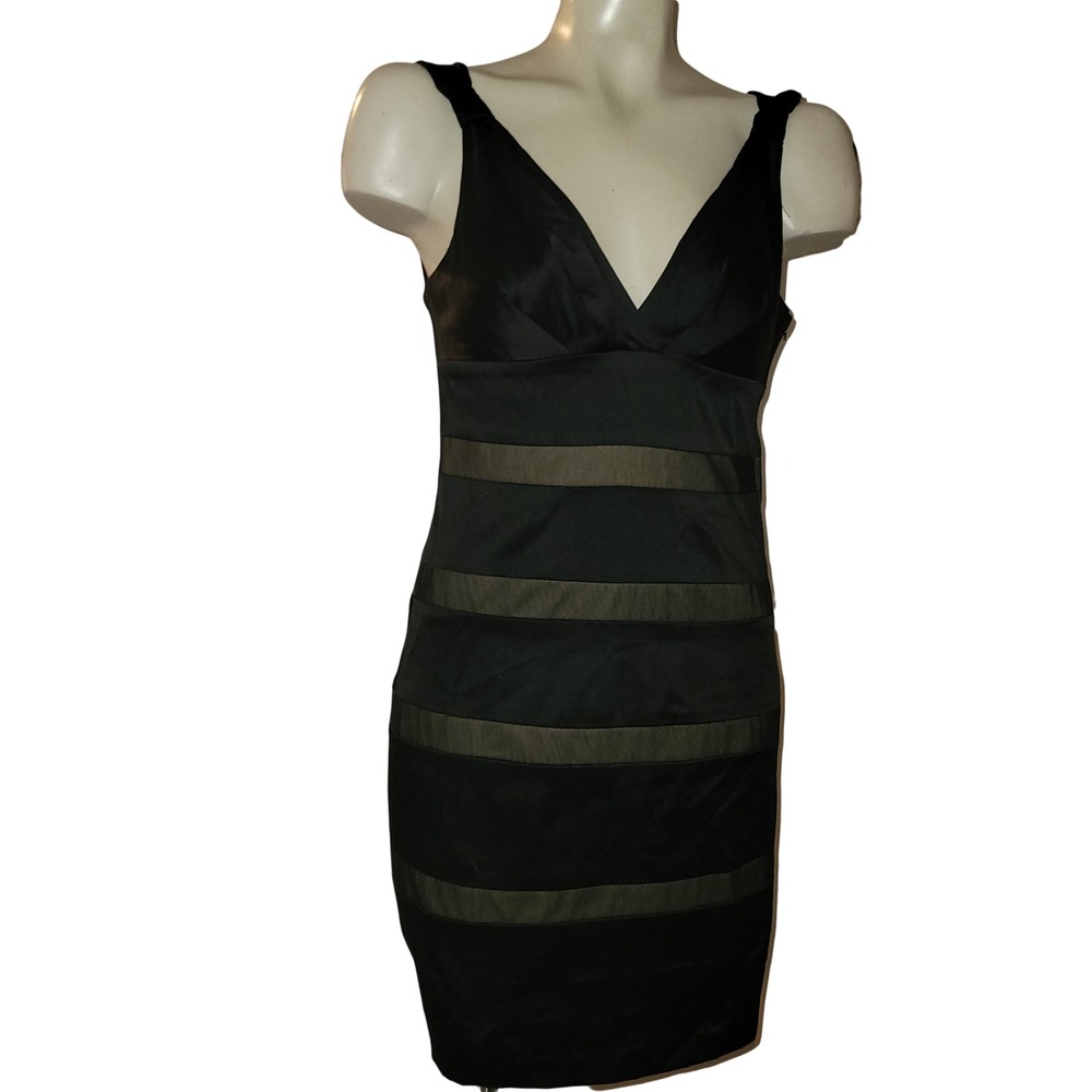 B DARKIN Black V Neck Sheath Dress Mesh Stripe Sheer Panel Zipper Detail